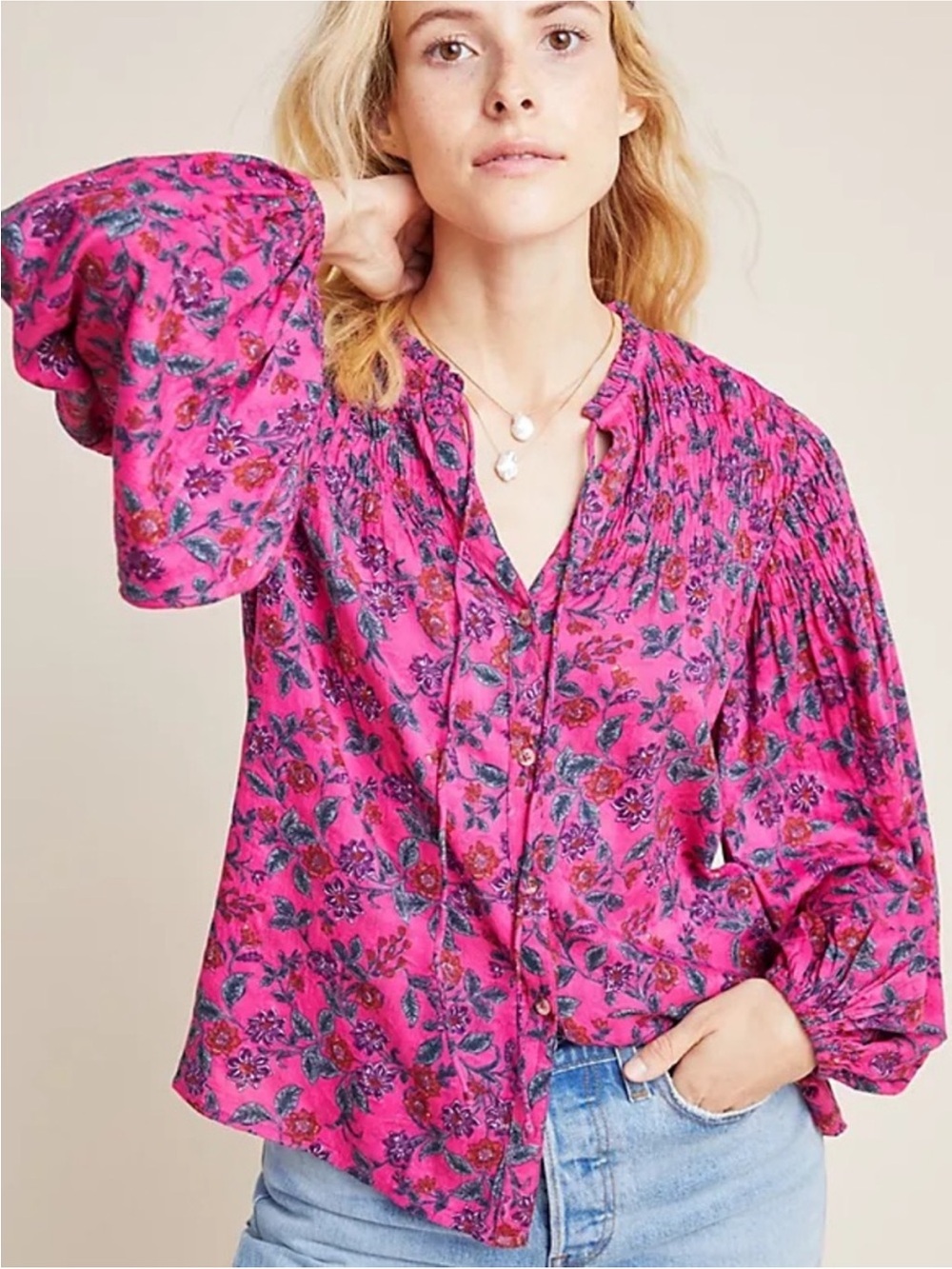 Maeve Anthropologie Bright Pink Floral Button-Front Blouse XS